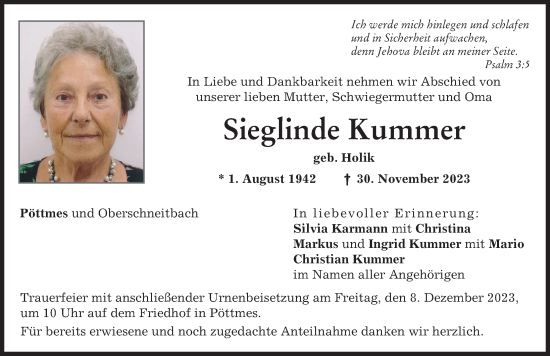 Traueranzeige von Sieglinde Kummer von Aichacher Nachrichten