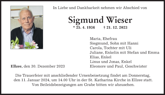 Traueranzeige von Sigmund Wieser von Mittelschwäbische Nachrichten, Günzburger Zeitung