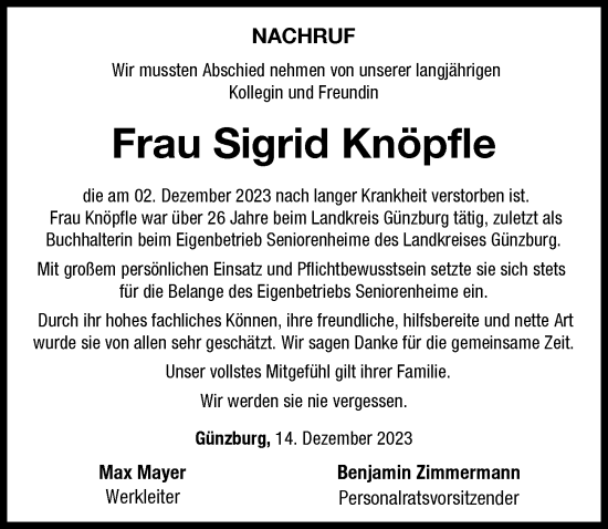 Traueranzeige von Sigrid Knöpfle von Günzburger Zeitung