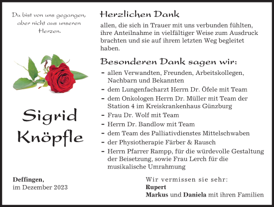 Traueranzeige von Sigrid Knöpfle von Günzburger Zeitung
