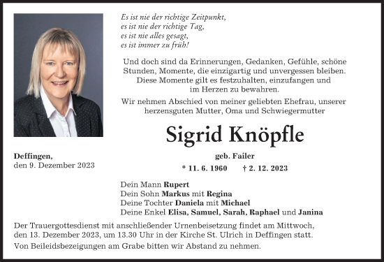Traueranzeige von Sigrid Knöpfle von Günzburger Zeitung