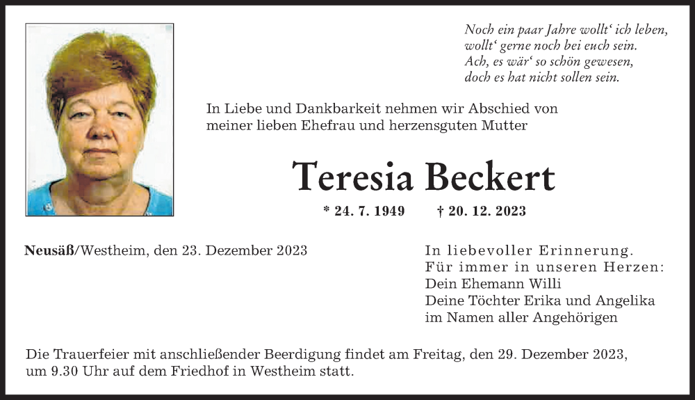  Traueranzeige für Teresia Beckert vom 23.12.2023 aus Augsburger Allgemeine