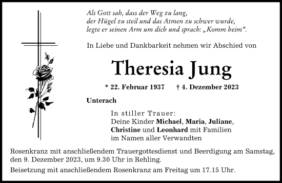 Traueranzeige von Theresia Jung von Aichacher Nachrichten