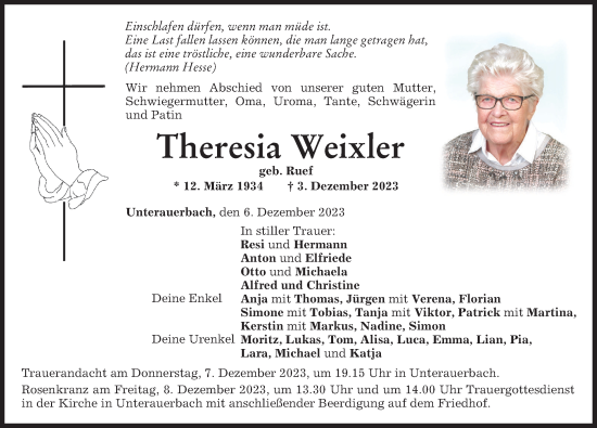 Traueranzeige von Theresia Weixler von Mindelheimer Zeitung
