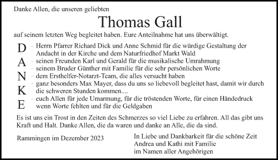 Traueranzeige von Thomas Gall von Mindelheimer Zeitung, Augsburger Allgemeine