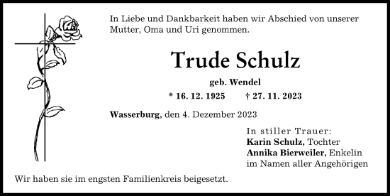 Traueranzeige von Trude Schulz von Günzburger Zeitung