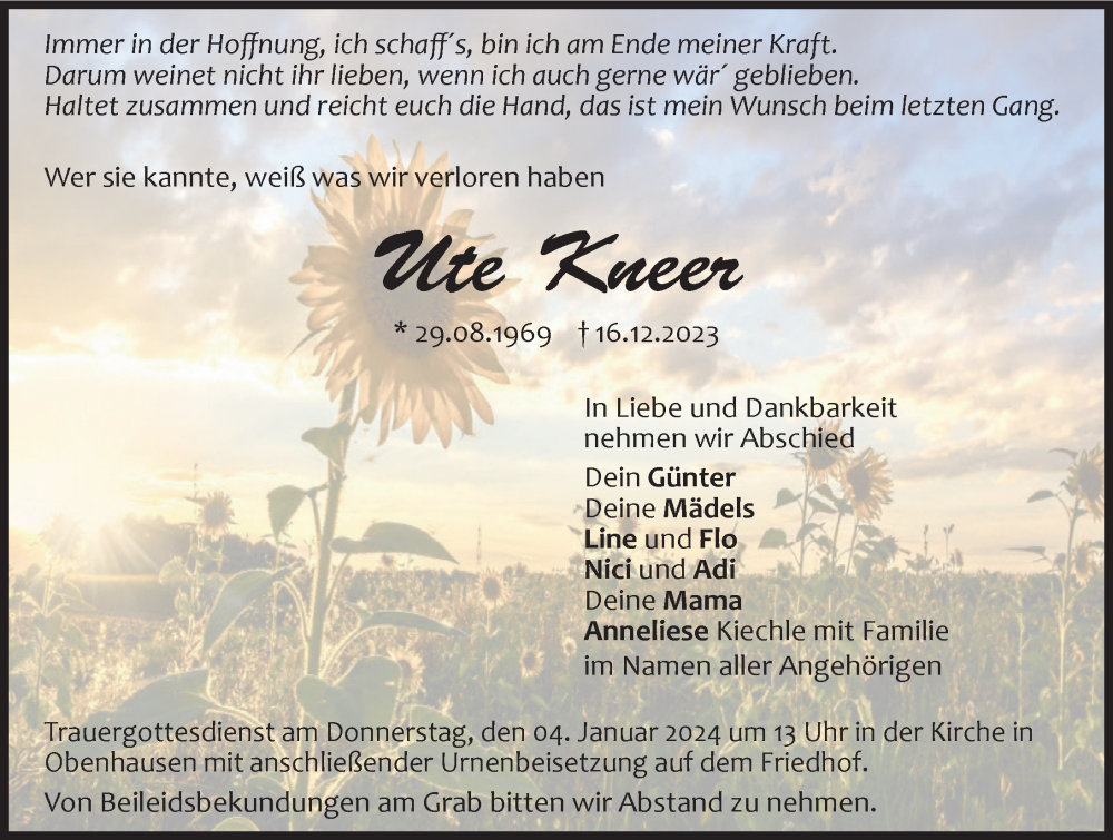  Traueranzeige für Ute Kneer vom 28.12.2023 aus Illertisser Zeitung