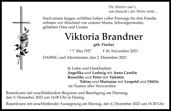 Traueranzeige von Viktoria Brandner von Friedberger Allgemeine