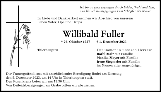 Traueranzeige von Willibald Fuller von Augsburg-Land