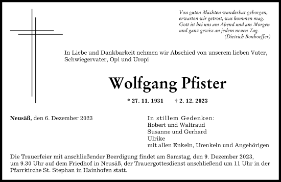 Traueranzeige von Wolfgang Pfister von Augsburger Allgemeine