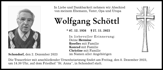 Traueranzeige von Wolfgang Schöttl von Landsberger Tagblatt