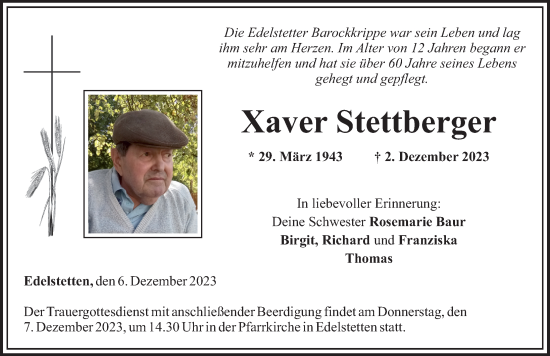 Traueranzeige von Xaver Stettberger von Mittelschwäbische Nachrichten