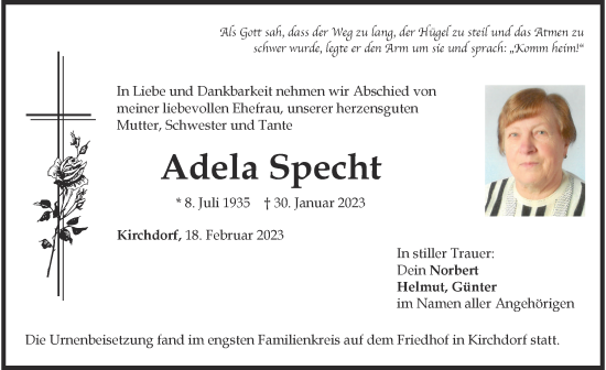 Traueranzeige von Adela Specht von Mindelheimer Zeitung
