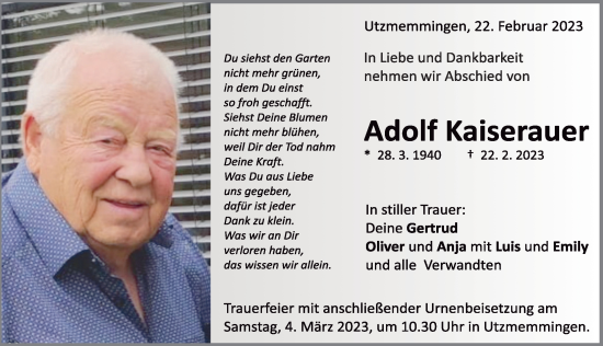 Traueranzeige von Adolf Kaiserauer von Rieser Nachrichten