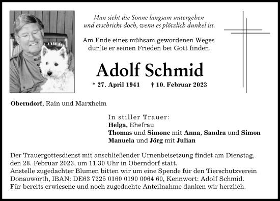 Traueranzeige von Adolf Schmid von Donauwörther Zeitung
