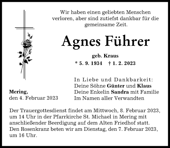 Traueranzeige von Agnes Führer von Friedberger Allgemeine