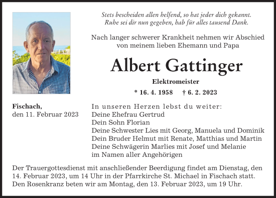Traueranzeige von Albert Gattinger von Augsburger Allgemeine