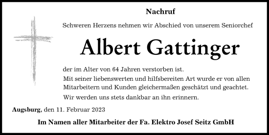 Traueranzeige von Albert Gattinger von Augsburger Allgemeine