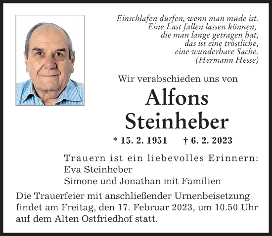 Traueranzeige von Alfons Steinheber von Augsburger Allgemeine