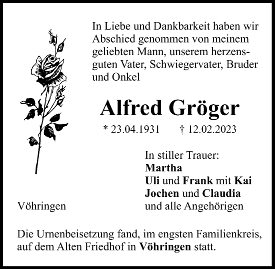 Traueranzeige von Alfred Gröger von Illertisser Zeitung