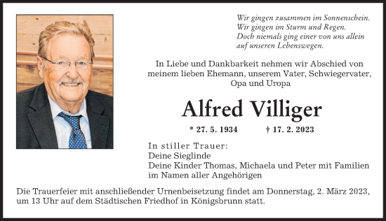 Traueranzeige von Alfred Villiger von Augsburger Allgemeine