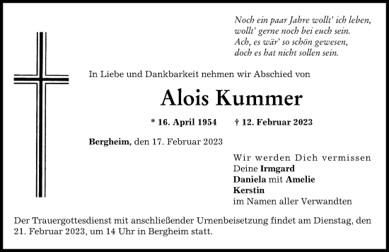 Traueranzeige von Alois Kummer von Donau Zeitung