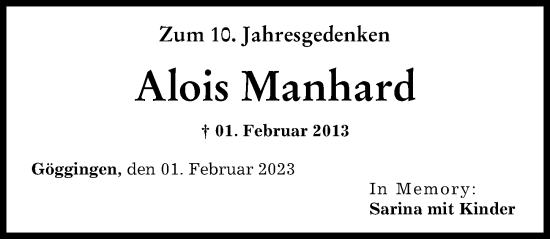 Traueranzeige von Alois Manhard von Augsburger Allgemeine
