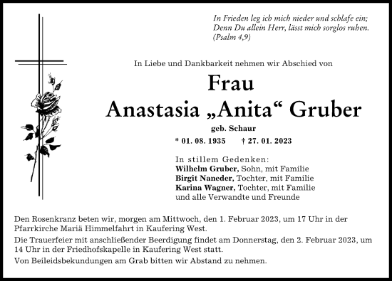 Traueranzeige von Anastasia  Gruber von Landsberger Tagblatt