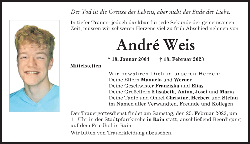  Traueranzeige für Andre Weis vom 23.02.2023 aus Neuburger Rundschau, Donauwörther Zeitung