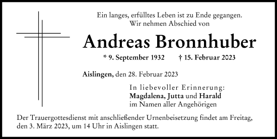 Traueranzeige von Andreas Bronnhuber von Donau Zeitung
