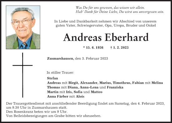 Traueranzeige von Andreas Eberhard von Augsburg-Land