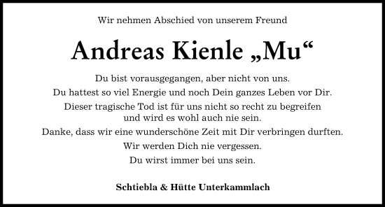 Traueranzeige von Andreas Kienle von Mindelheimer Zeitung