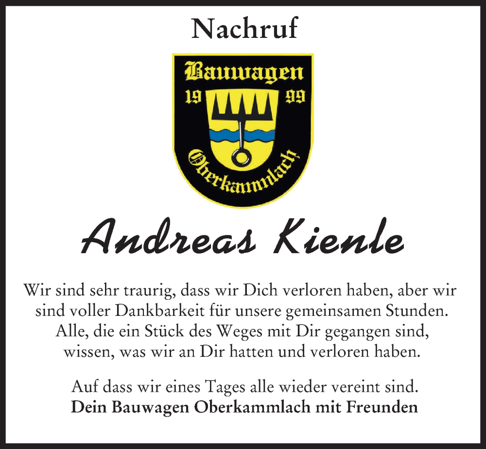  Traueranzeige für Andreas Kienle vom 16.02.2023 aus Mindelheimer Zeitung