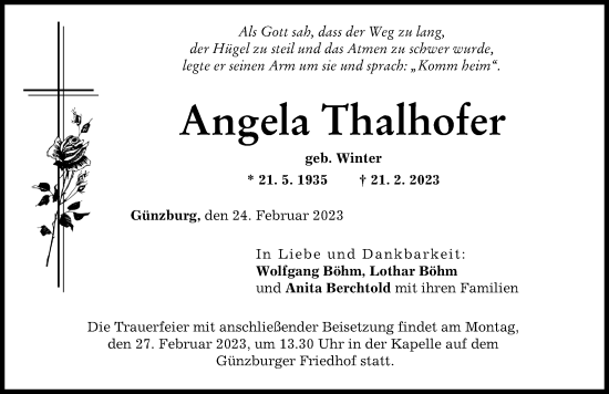 Traueranzeige von Angela Thalhofer von Günzburger Zeitung