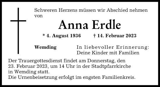 Traueranzeige von Anna Erdle von Donauwörther Zeitung