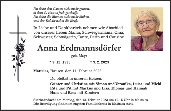 Traueranzeige von Anna Erdmannsdörfer von Mindelheimer Zeitung