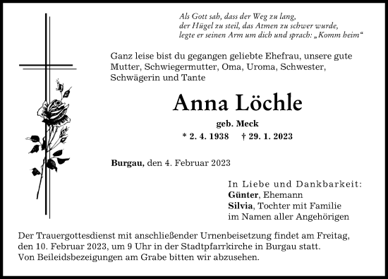 Traueranzeige von Anna Löchle von Günzburger Zeitung