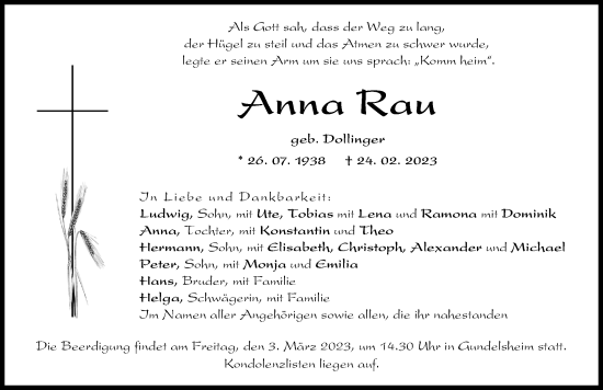 Traueranzeige von Anna Rau von Donauwörther Zeitung