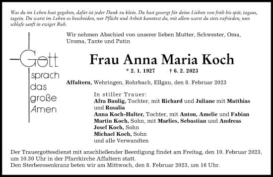Traueranzeige von Anna Maria Koch von Wertinger Zeitung, Augsburg-Land