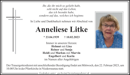 Traueranzeige von Anneliese Litke von Mittelschwäbische Nachrichten