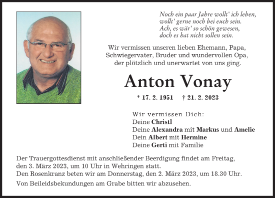 Traueranzeige von Anton Vonay von Schwabmünchner Allgemeine