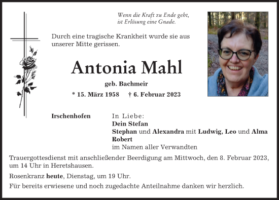 Traueranzeige von Antonia Mahl von Aichacher Nachrichten