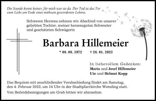 Traueranzeige von Barbara Hillemeier von Donauwörther Zeitung