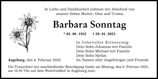 Traueranzeige von Barbara Sonntag von Augsburger Allgemeine