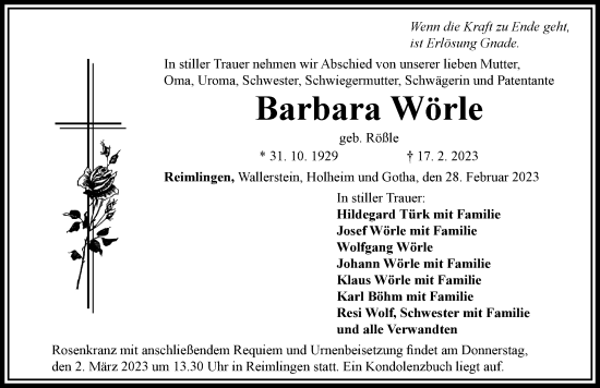 Traueranzeige von Barbara Wörle von Rieser Nachrichten