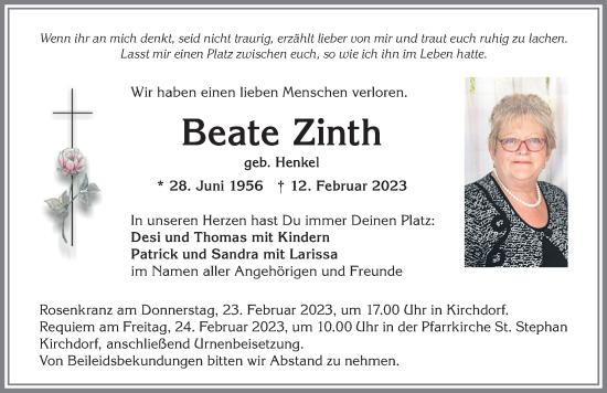 Traueranzeige von Beate Zinth von Mindelheimer Zeitung