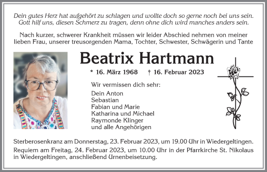 Traueranzeige von Beatrix Hartmann von Mindelheimer Zeitung