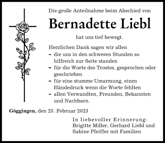 Traueranzeige von Bernadette  Liebl von Augsburger Allgemeine