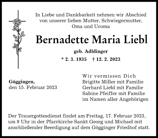 Traueranzeige von Bernadette  Liebl von Augsburger Allgemeine