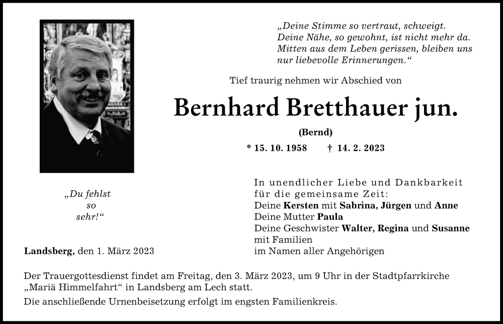  Traueranzeige für Bernhard Bretthauer vom 01.03.2023 aus Landsberger Tagblatt